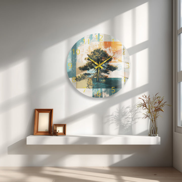 Mid Century Pine Tree Glass Wall Clock – Retro Nature Decor