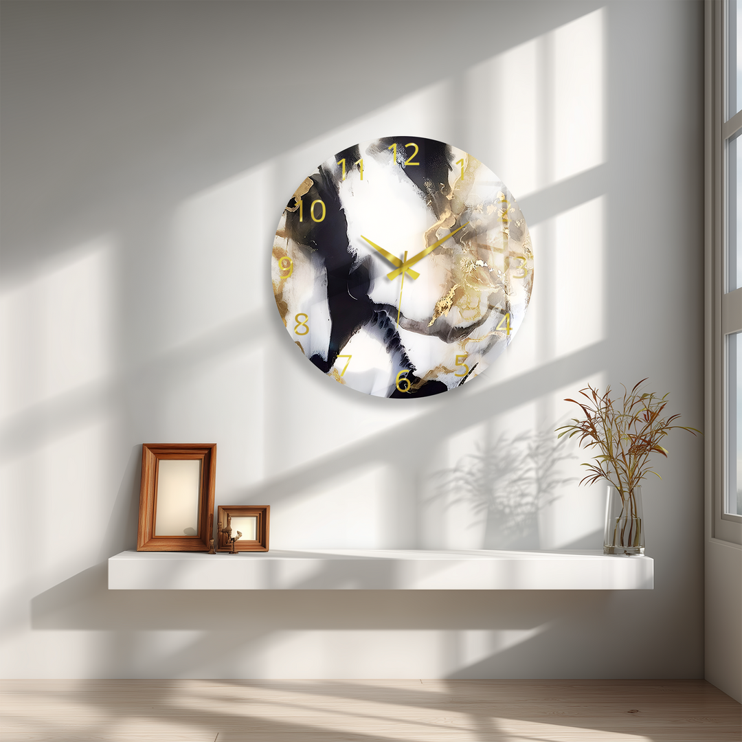 Black and Gold Marble Glass Wall Clock – Abstract Luxury Decor