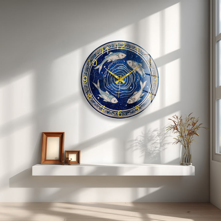Blue Fish Mosaic Glass Wall Clock – Mediterranean Coastal Decor