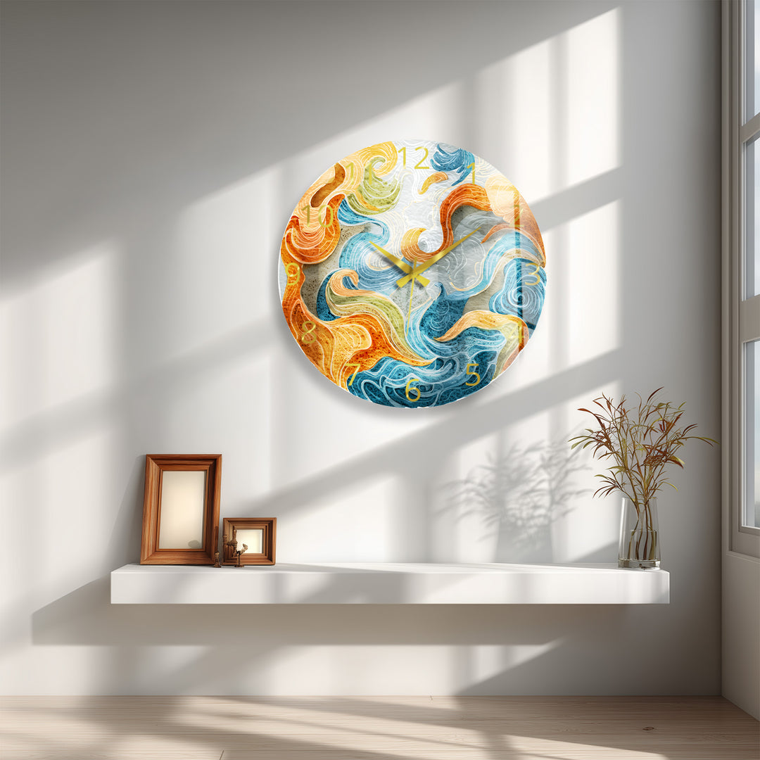 Abstract Ocean Glass Wall Clock – Blue and Orange Wave Art