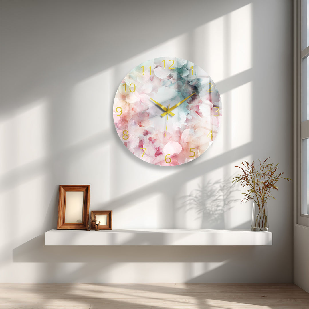 Pastel Hydrangea Glass Wall Clock – Pink Floral Wreath Decor
