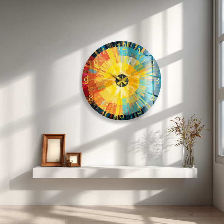 Abstract Sunburst Glass Wall Clock – Colorful Modern Art
