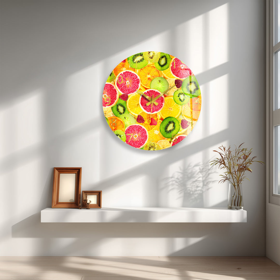 Colorful Fruit Glass Wall Clock – Citrus Kitchen Wall Decor