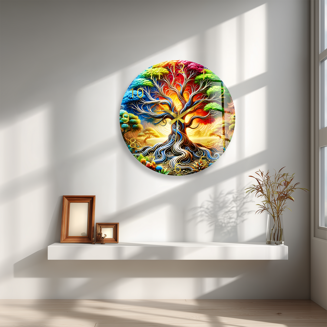 Colorful Tree of Life Glass Wall Clock – Fantasy Nature Decor