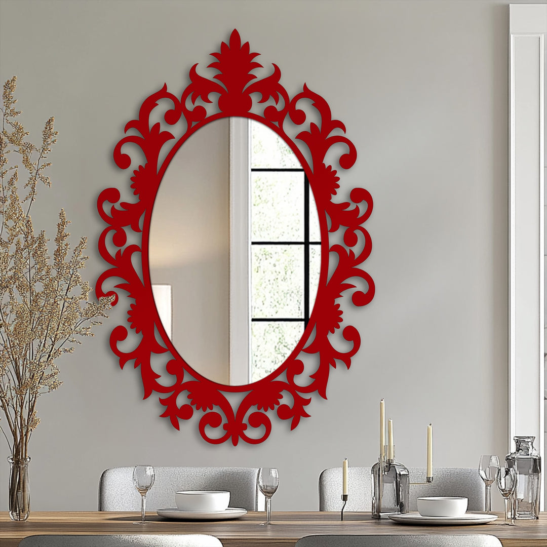 Against the backdrop of a neutral wall and glimpse of a bright window, a majestic crowned baroque oval floor mirror creates a stunning focal point as mirror for wall decor.