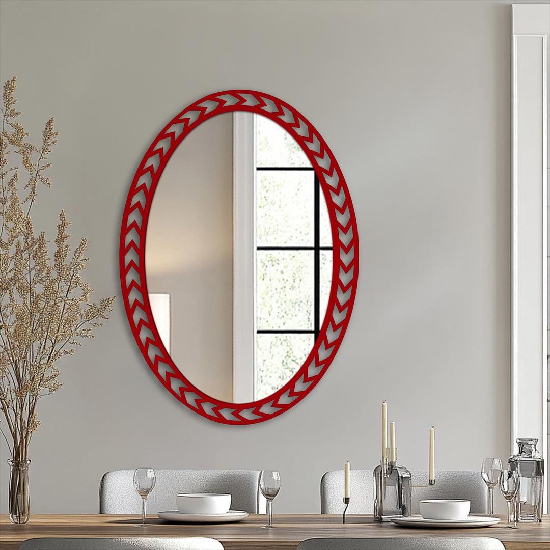 The realistic detail showcases this oval floor mirror, bordered with a geometric chevron pattern, offering a modern stained glass wall mirror suitable for any room decor.