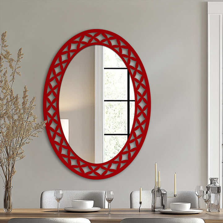Taking the focal point, a geometric petal frame oval floor mirror demonstrates decorating with wall mirrors to enhance the modern aesthetic of a dining space.