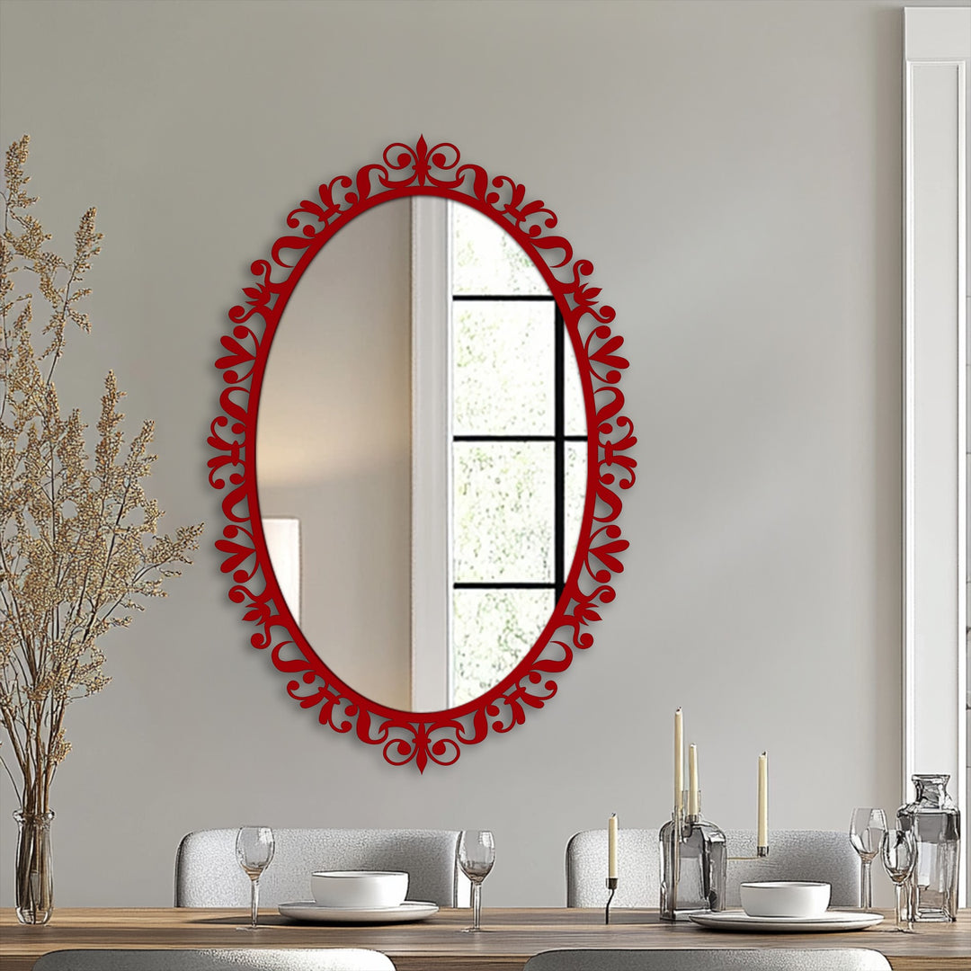 Showcasing the layering effect, the ornate floral scrollwork of this stained glass wall mirror creates depth, enhancing its vintage oval design.