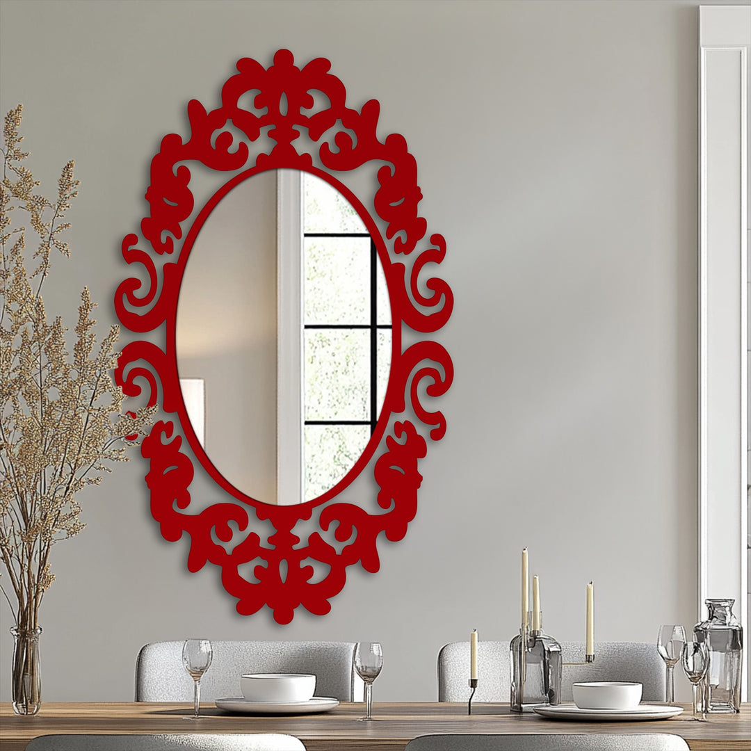 The stillness of a red Royal Crest ornament oval floor mirror reflects the light, offering elegant mirror for wall decor within the serene dining arrangement.