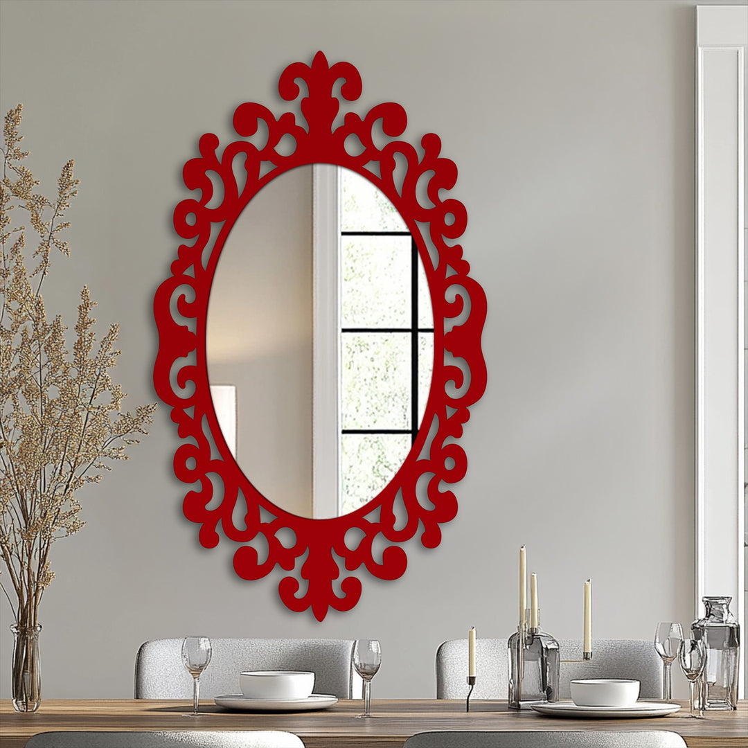 The darkest area reflects the window in the imperial scroll accent oval floor mirror for wall decor, framed in red and hanging above a set table.