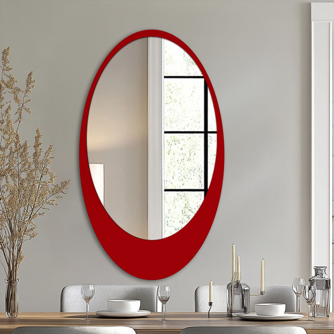 Featuring geometric elements, this sleek minimal oval floor decorative mirror showcases an elongated shape with a bold red frame reflecting the room.
