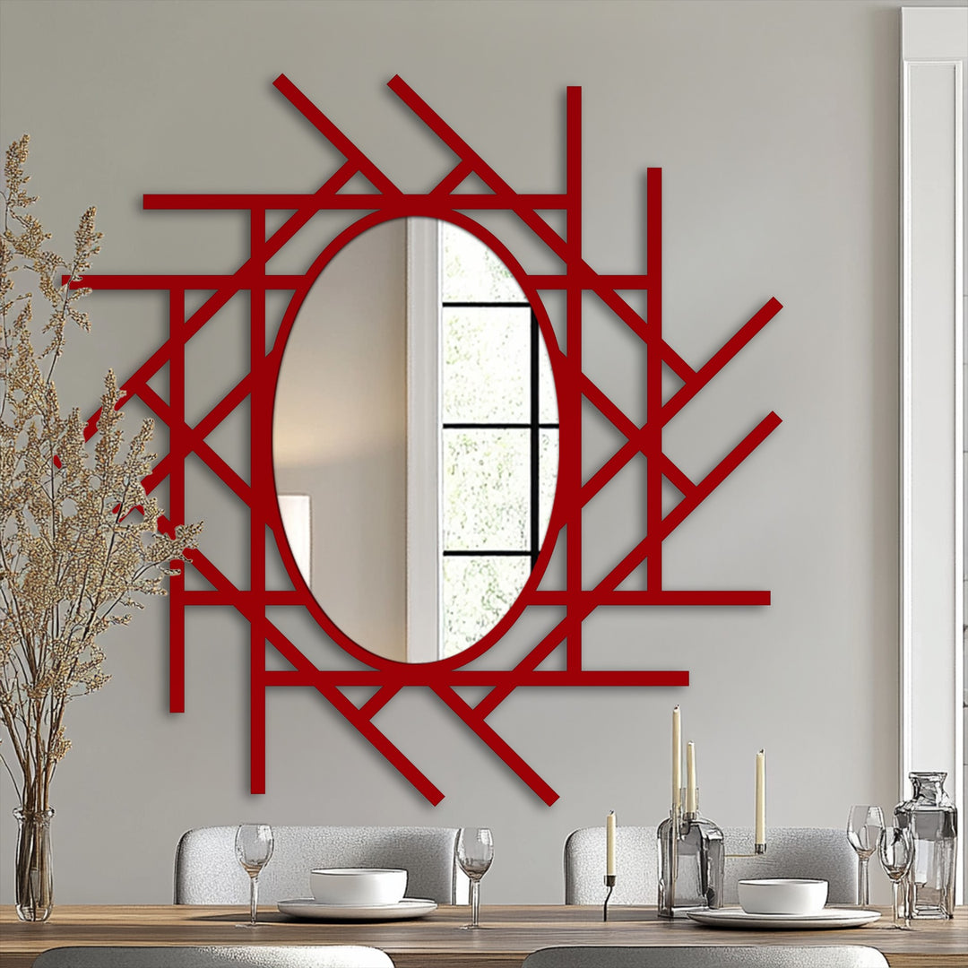 Framed wall mirror featuring a bold, geometric design with linear grid elements surrounding an oval mirror, creating an abstract and modern focal point.