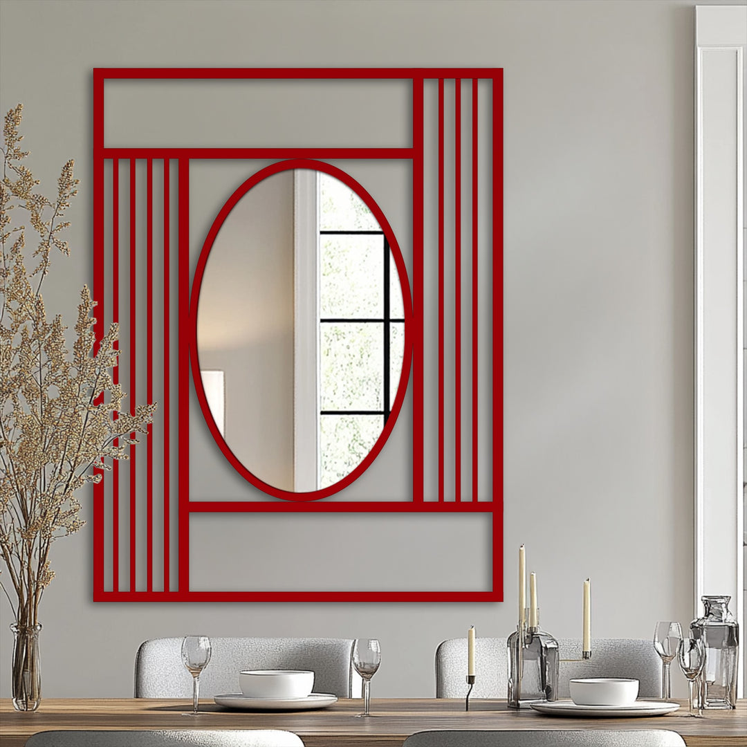 Bright red geometric grid contrasts with the neutral tones surrounding the oval decorative mirror in this modern decoration wall art.
