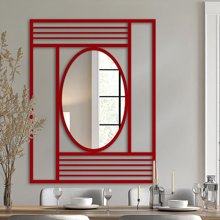 Negative space accentuates the red frame of this geometric oval mirror, a decorative mirror for wall decor that plays with structured lines and reflective surfaces.