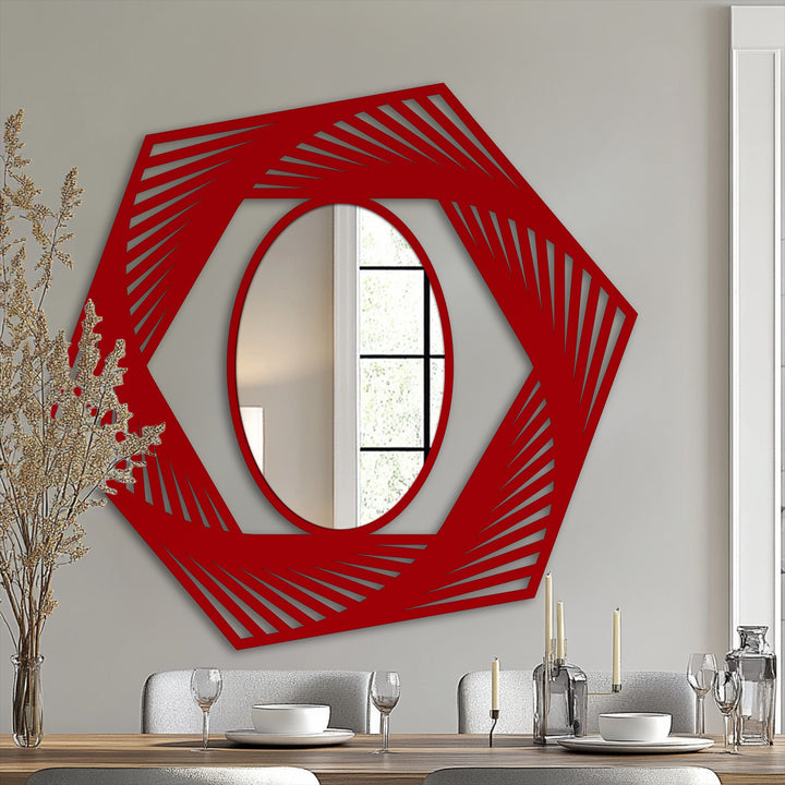 Layered hexagon decorative mirror features an oval center, showcasing a dynamic illusion of depth through its geometric metal art frame.