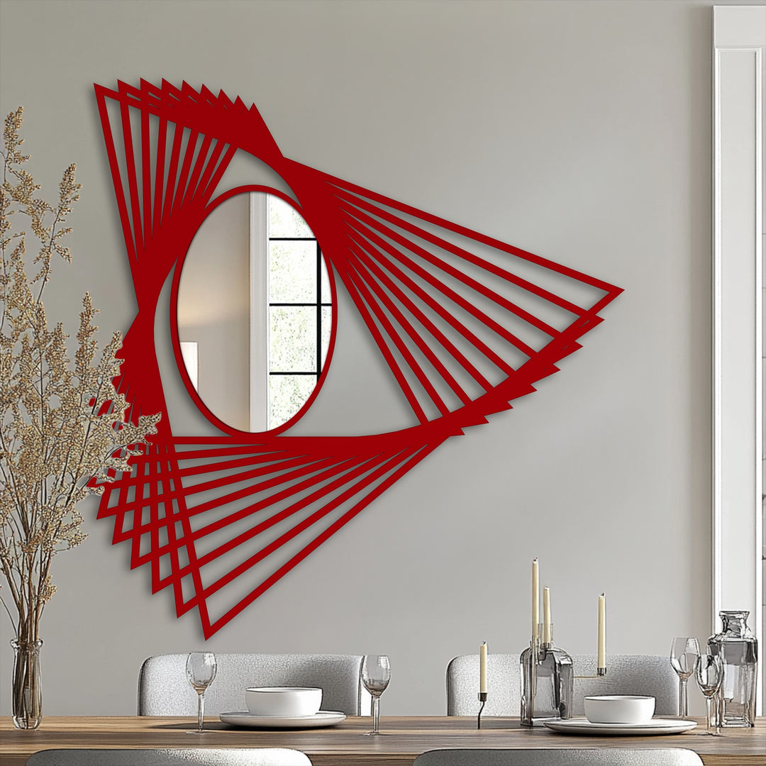Framed by the angular motion lines, this modern geometric mirror's bold, red borders offer a striking example of decorative metal art.