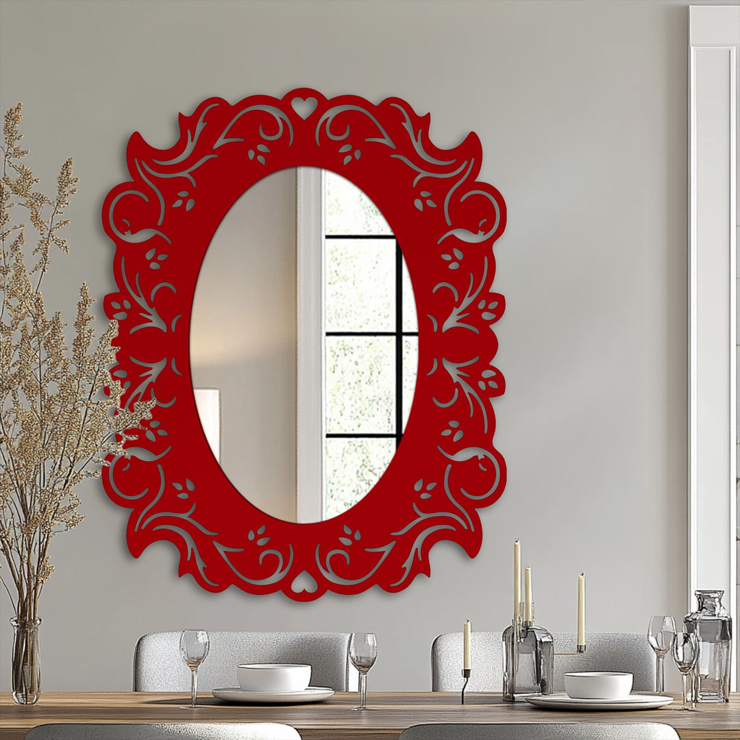 Layered details add depth to this romantic oval decorative floor mirror with a red floral frame, creating a focal point as a captivating framed wall mirror.
