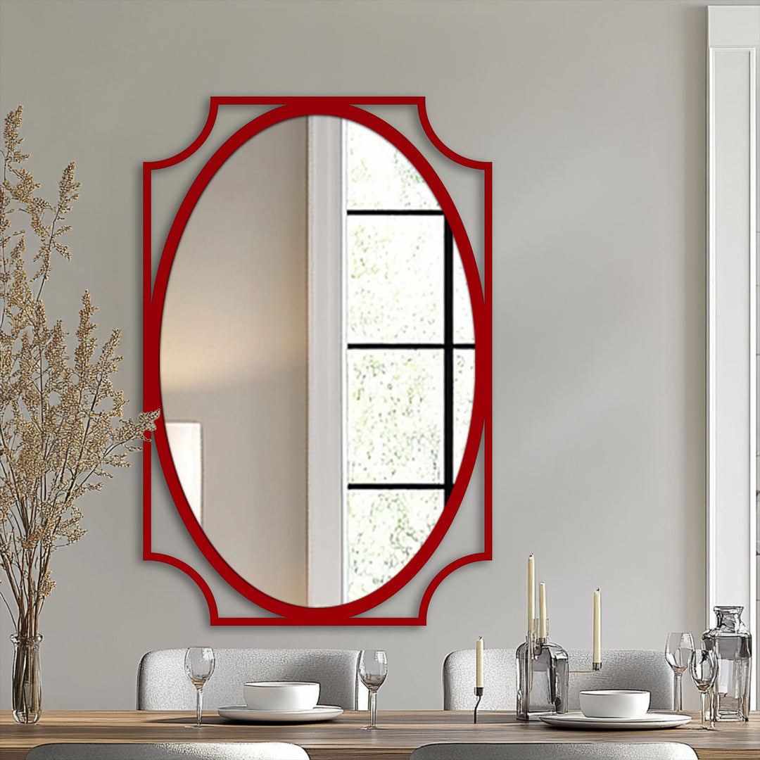 The refined curved frame of the minimalist oval floor mirror features a striking red decorative metal art edge, complementing the mirror's overall design.