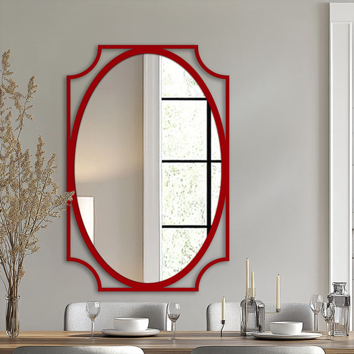The refined curved frame of the minimalist oval floor mirror features a striking red decorative metal art edge, complementing the mirror's overall design.