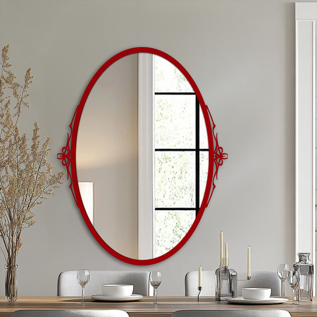 Realistic detailing shows the elegant simplicity oval floor mirror with subtle side accents as a decorative framed wall mirror reflecting a bright window.