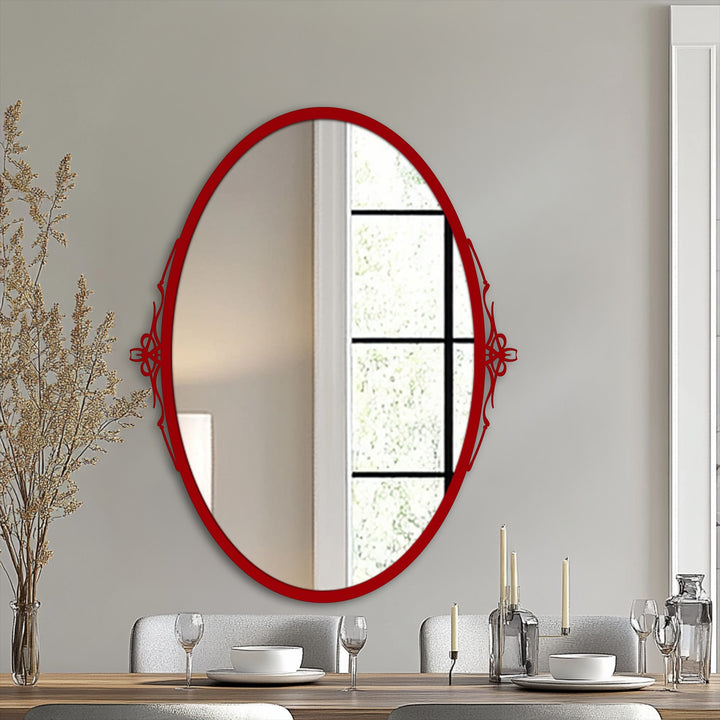 Realistic detailing shows the elegant simplicity oval floor mirror with subtle side accents as a decorative framed wall mirror reflecting a bright window.