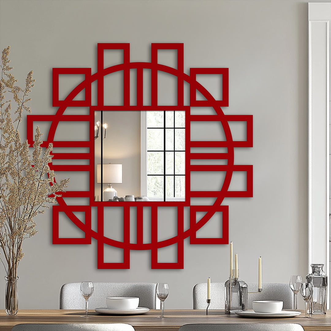 Layered design in this bathroom mirror presents a geometric fusion, featuring a square reflective surface with a stunning circular frame accent, adding visual depth.