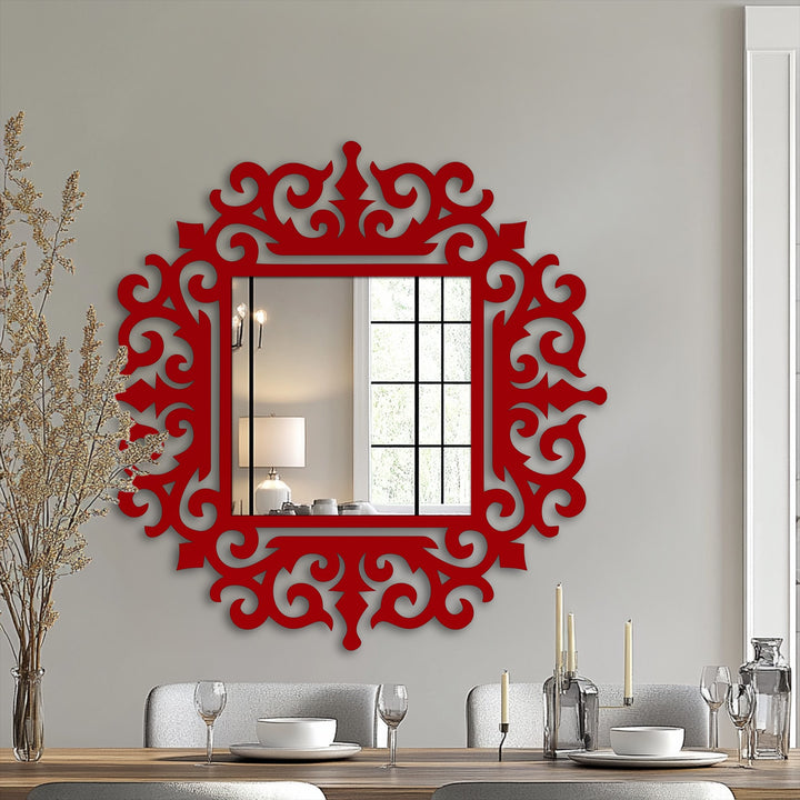 High color saturation enhances the vibrant red hue of this royal scroll square floor mirror's ornate baroque frame, creating a striking decoration wall art piece.