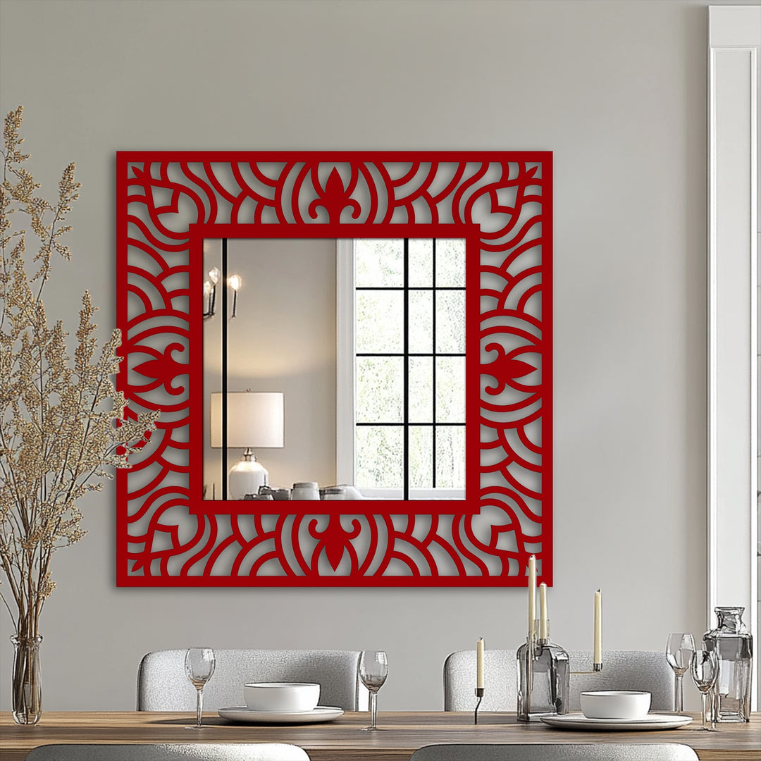The ornate, wave-like metal frame on this square floor mirror creates a dynamic sense of movement, showcasing its modern metal art for wall appeal.