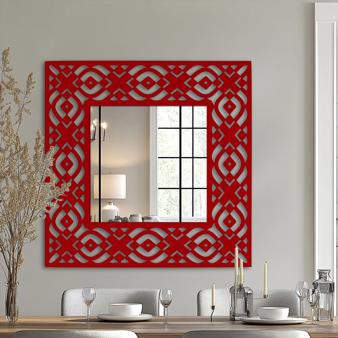 Highlighting the abstract quality, the geometric tribal pattern frame transforms this square floor mirror into a striking piece of decorative metal art.