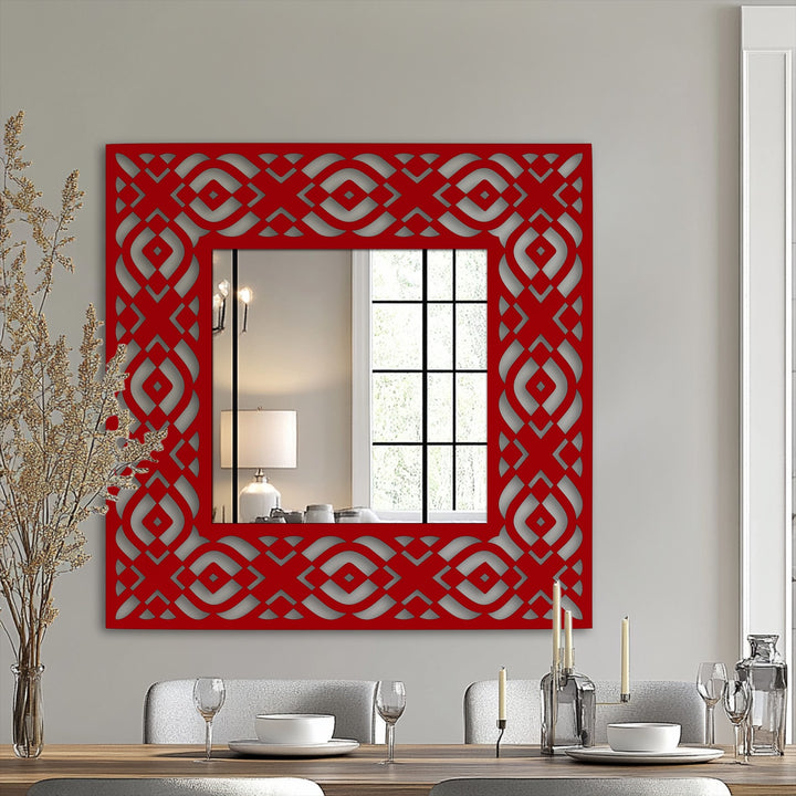 Highlighting the abstract quality, the geometric tribal pattern frame transforms this square floor mirror into a striking piece of decorative metal art.