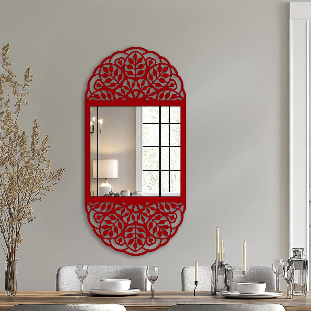 Ornamental red edges and borders in a floral mandala pattern define this vertical floor mirror, creating a unique metal wall art decorative frame.