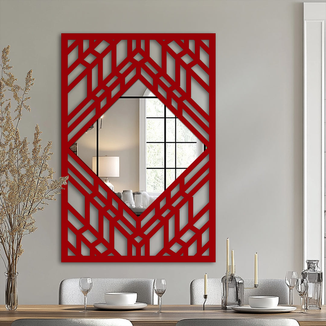 Brightest area of the geometric Art Deco mirror reveals a reflection of a window, presenting a stylish piece of metal art for wall in a modern home decor setting.