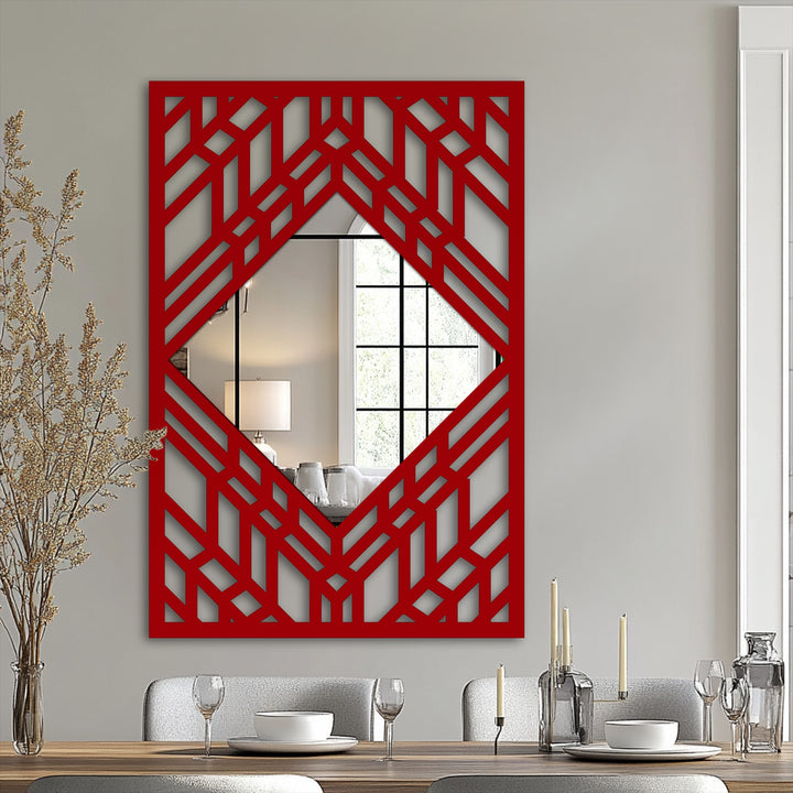Brightest area of the geometric Art Deco mirror reveals a reflection of a window, presenting a stylish piece of metal art for wall in a modern home decor setting.