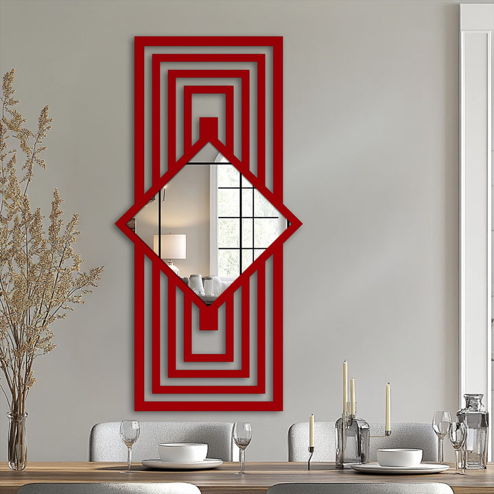 Finished in a striking red, this art deco mirror for wall decor features a vertical diamond with layered geometric frame lines, making it a bold statement piece.