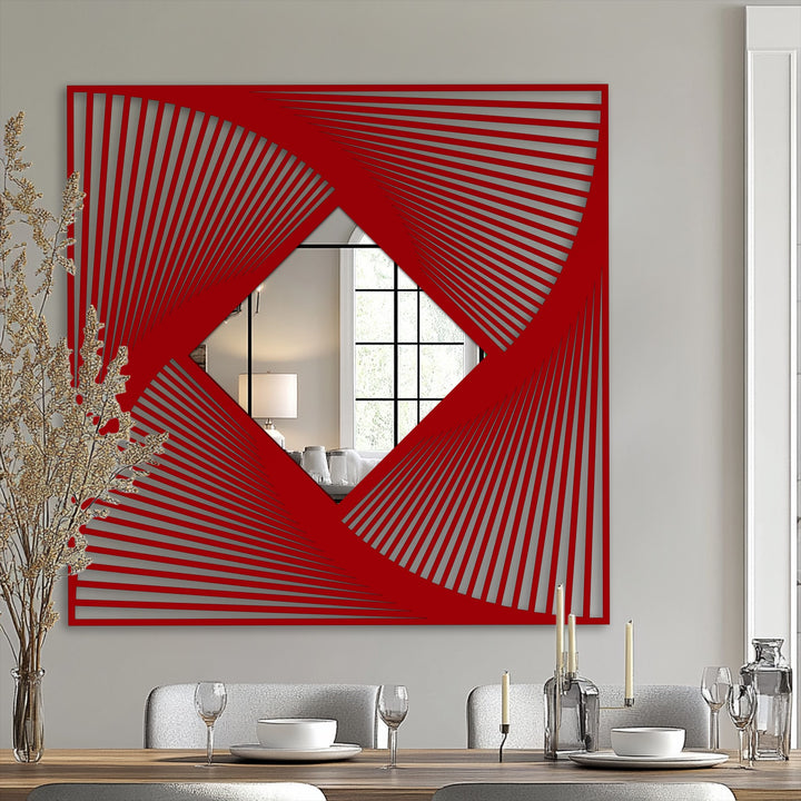 Intersecting lines create depth in this modern mirror featuring a radial metal frame and geometric diamond design, adding compelling layers to the reflection.