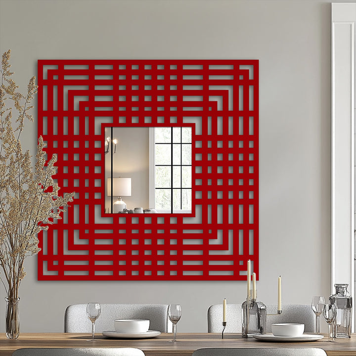 The brightest area highlights the reflection in this geometric grid pattern frame square floor mirror, a stunning framed wall mirror with a modern linear design.