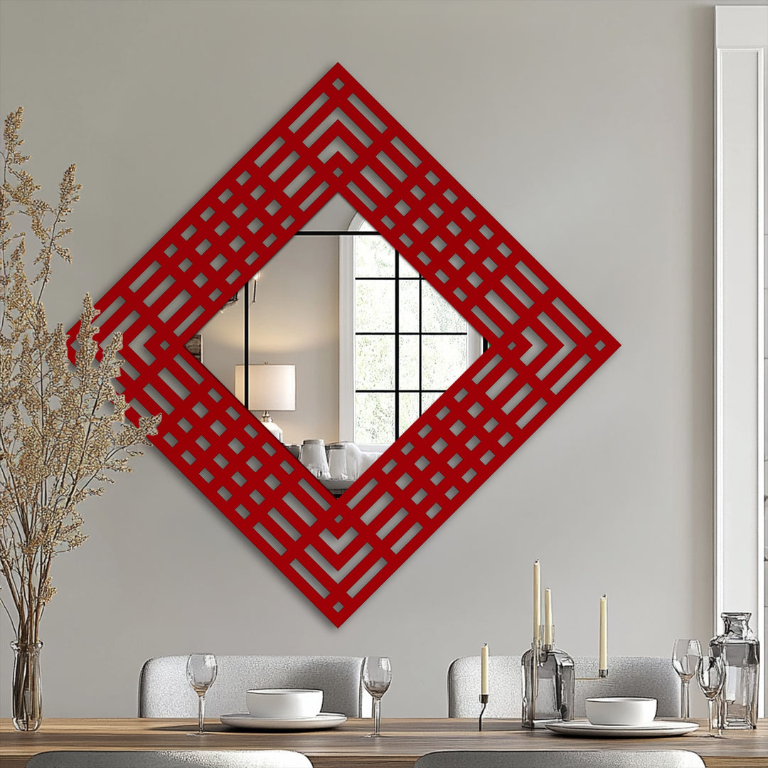 Subtle light and shadow play across the modern geometric pattern of this stained glass wall mirror, framed by a layered grid in a diamond shape.