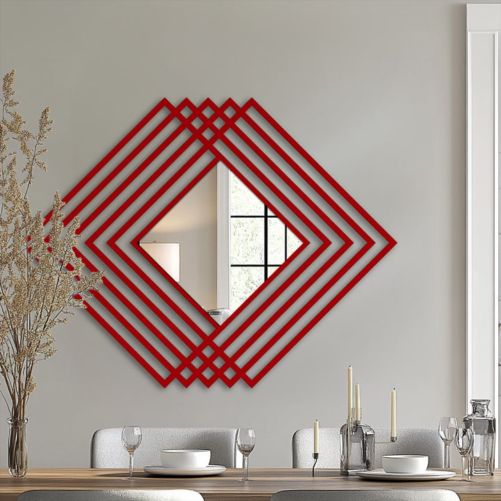 Highlighting the abstract quality, this framed wall mirror features a layered diamond frame with modern geometric metalwork.