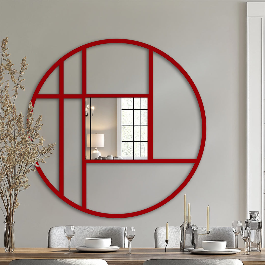 Reflecting a softly lit interior, the geometric stained glass wall mirror captivates as the focal point, framed by bold red lines forming a modern circle design.