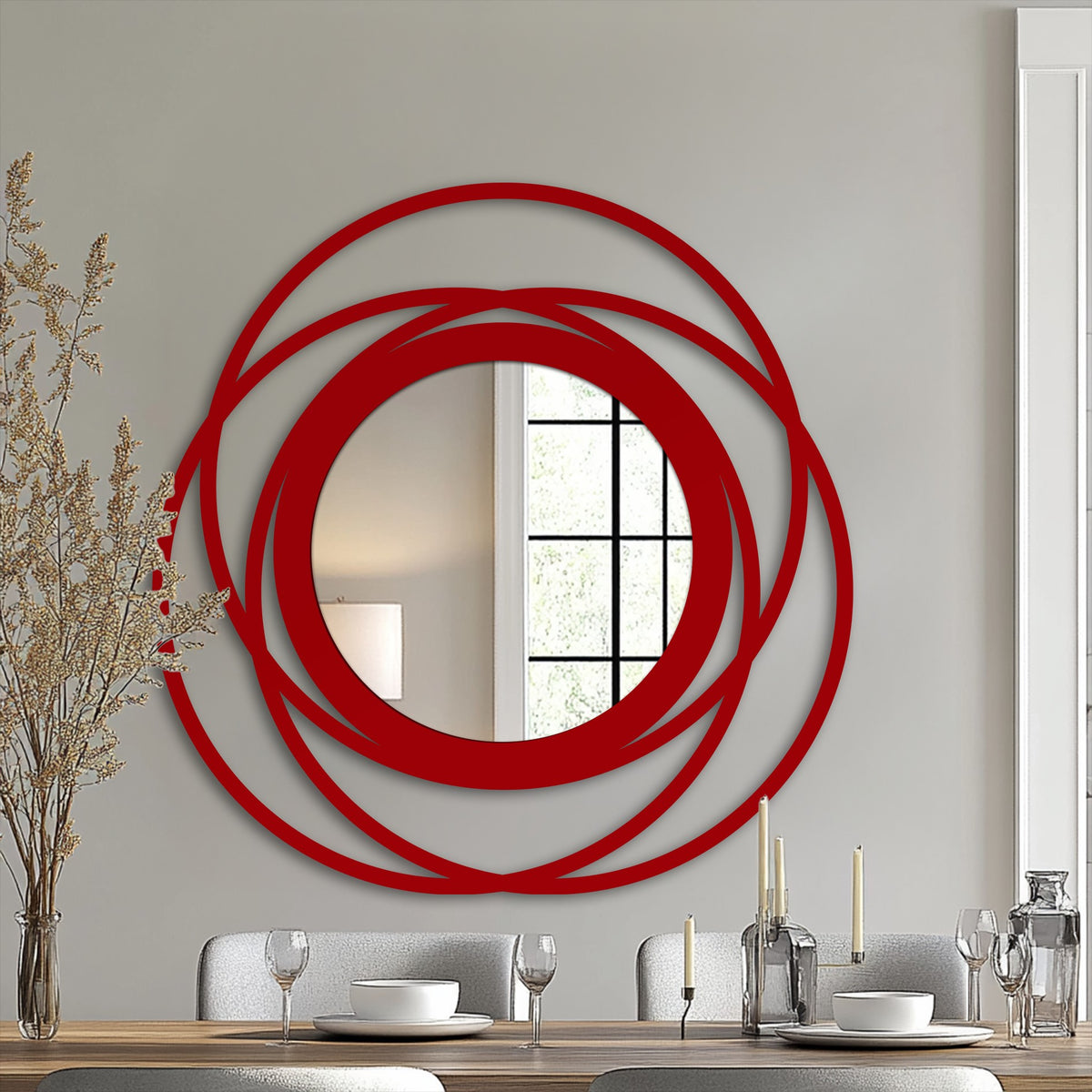 Dominated by red, the intertwined ring circle mirror for wall decor features layered circles in a striking design, adding a bold statement to any space.