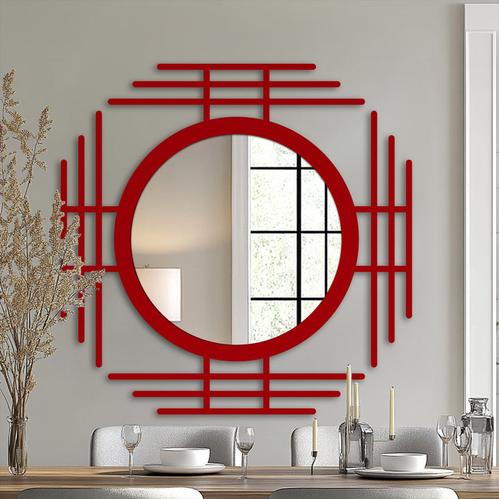 Awaiting stillness reflects from the geometric line circle floor mirror, a unique metal wall art piece featuring an echoing modern design.