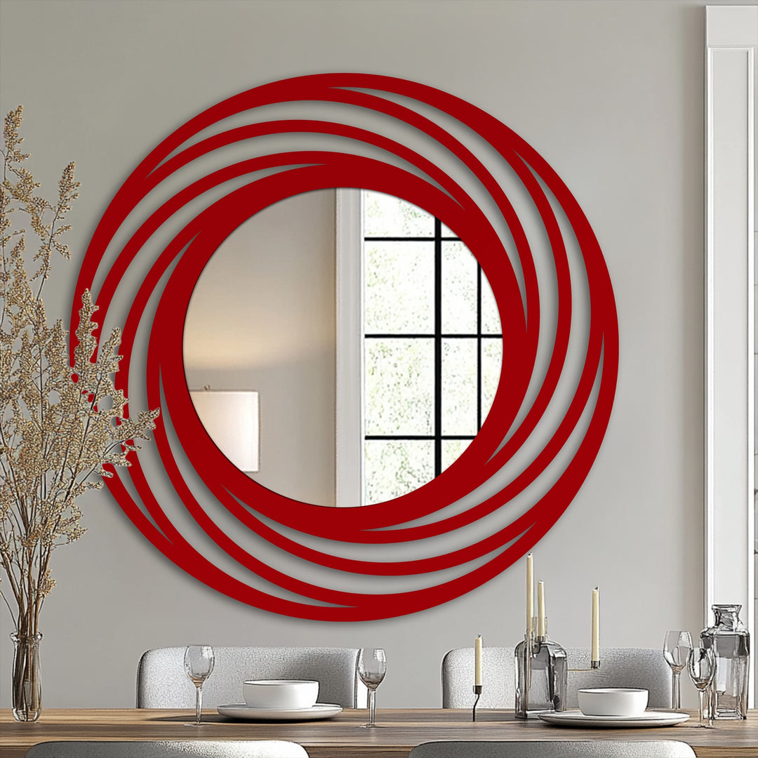 The detailed rendering captures the modern wall mirrors design of the Swirling Rings Circle Floor Mirror, showcasing layered reflective rings and the round central glass.