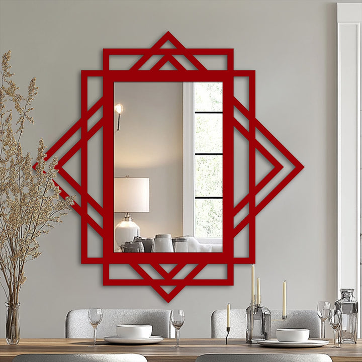 Geometric layers create depth in this decorative metal art wall mirror, its diamond shapes adding dimension to its modern design.