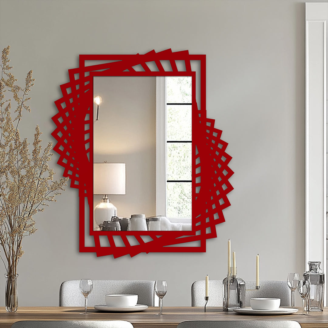 Highlighting the abstract quality, the dynamic twist frame is a visually intriguing framed wall mirror featuring a layered design and bold red color.