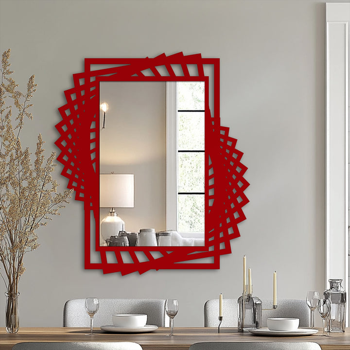 Highlighting the abstract quality, the dynamic twist frame is a visually intriguing framed wall mirror featuring a layered design and bold red color.