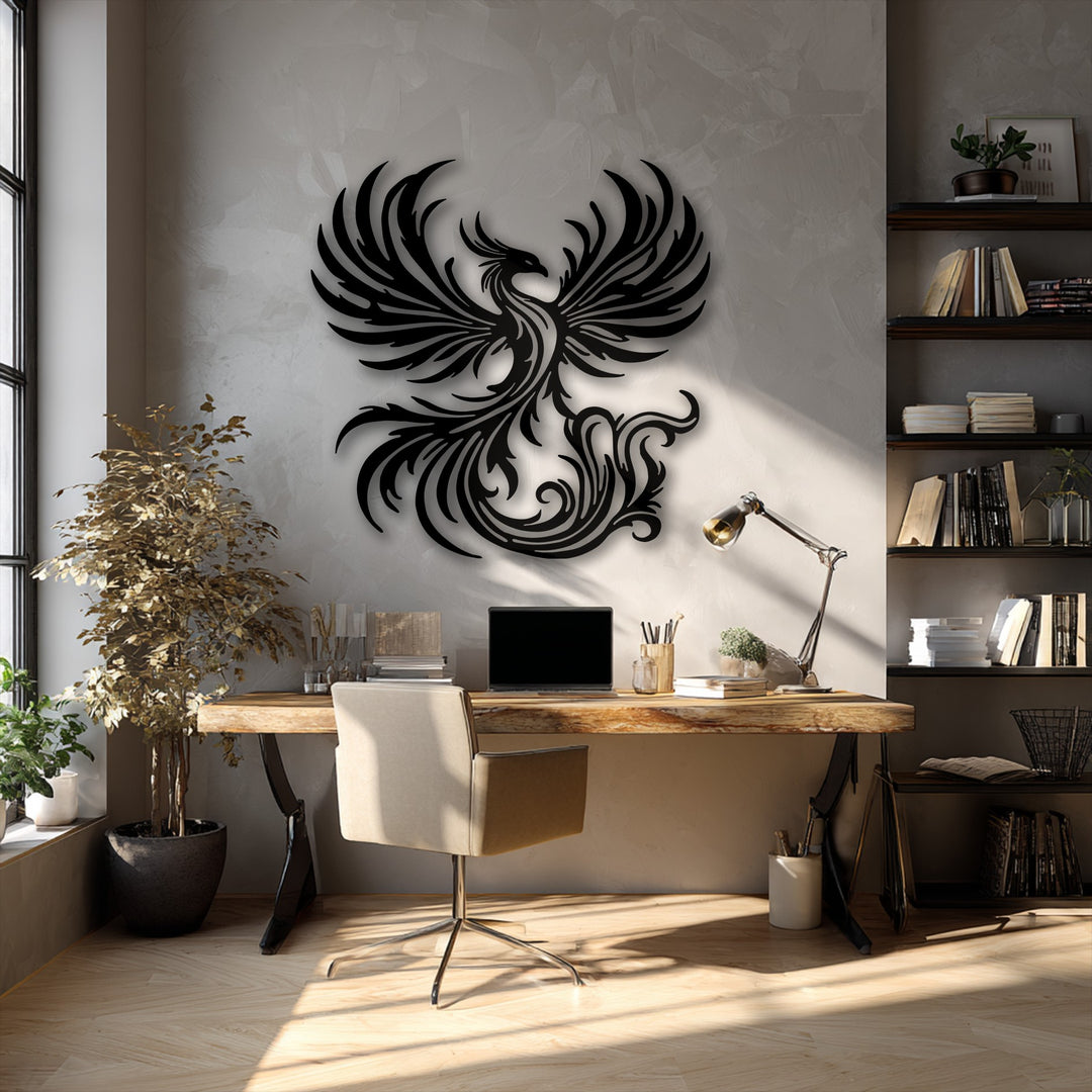 A striking black phoenix metal art for wall, intricately designed with bold wings, dominates the textured wall above a wooden desk.