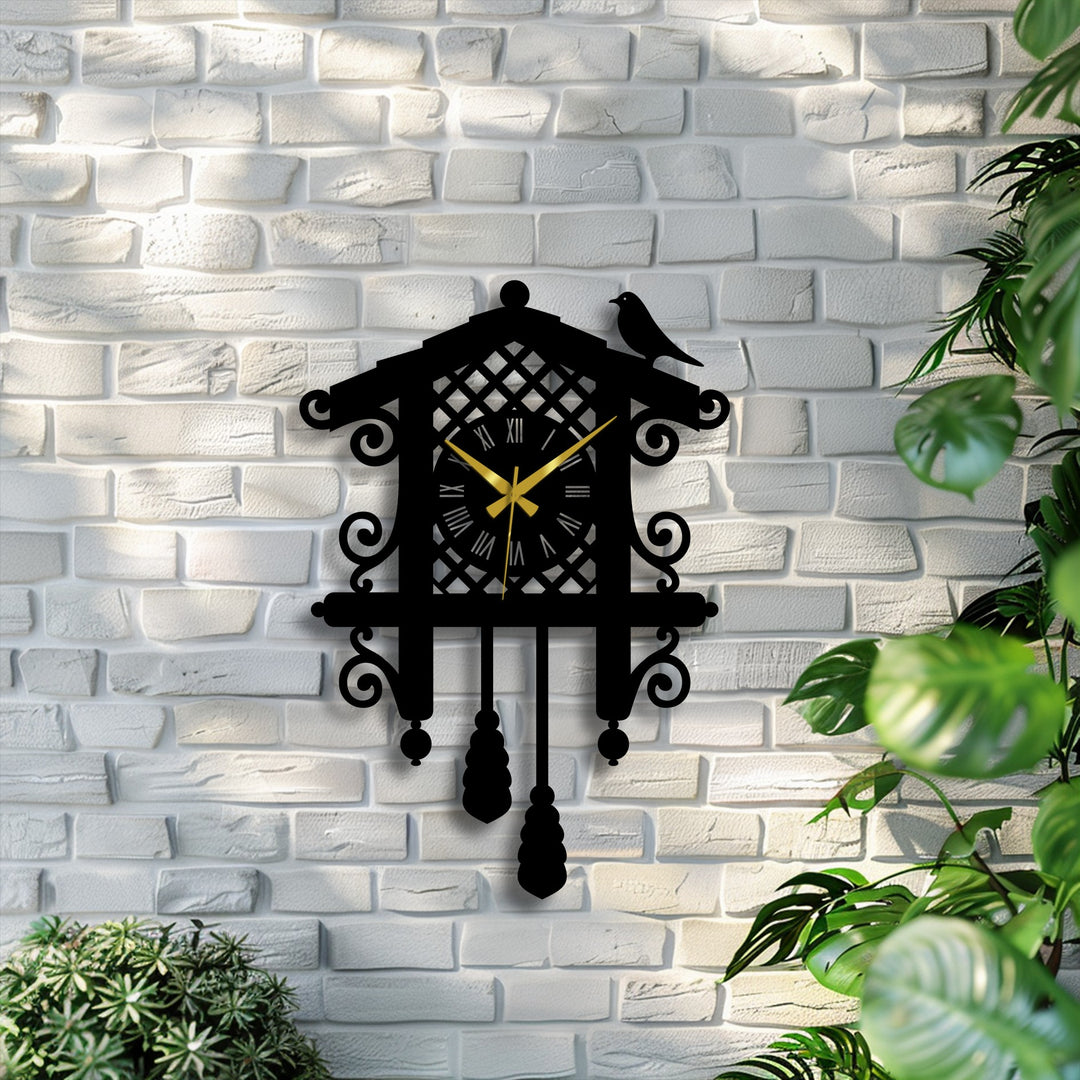Subtle variations in illumination highlight the intricate details of the classic cuckoo metal wall clock, enhancing the vintage bird design with unique decoration wall art.