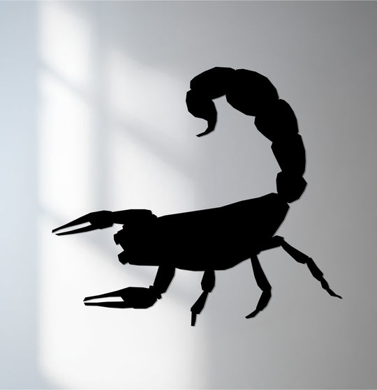 Textured surface of the bold scorpion silhouette metal artwork shows a sleek, matte finish, adding a contemporary edge to the wall art design.