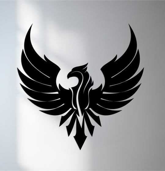 Visual rhythm is achieved through the repetition of sharp, curved feather shapes in this phoenix metal art for wall, creating a balanced and powerful home décor piece.