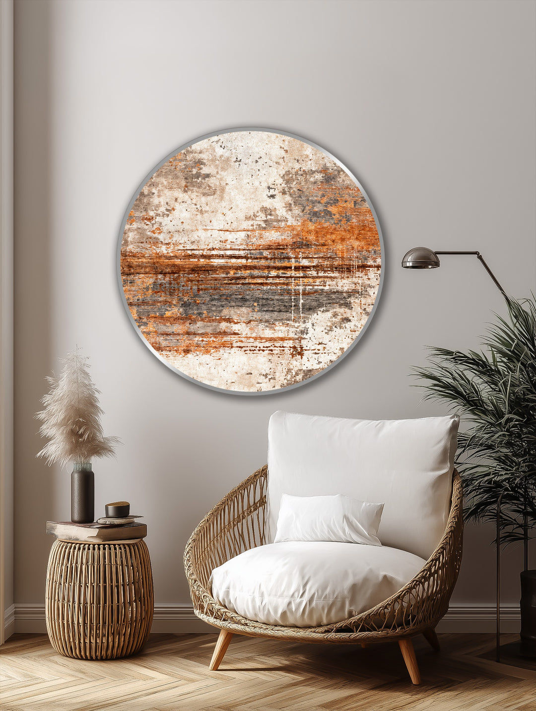 Showcasing the organic forms of the rust horizon texture, this round oil painting art piece presents earthy abstract details with a modern, horizon-inspired design.